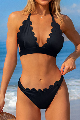 Fashion Solid Scalloped Patchwork Halter Neck Knot Bikini Set