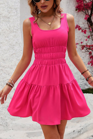 Solid Color Square Neck Ruffle Hem Mini Dress