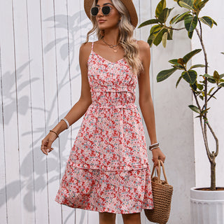 Floral Print V Neck Stringy Selvedge Casual Dress