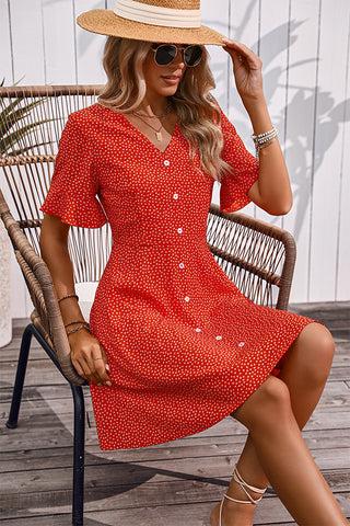 Fashion V Neck Floral Print Button Casual Dress