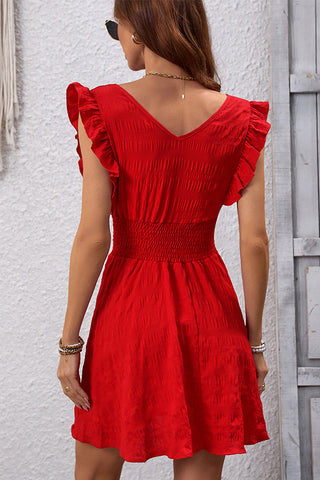 Solid Color V Neck Ruffle Sleeve Mini Dress