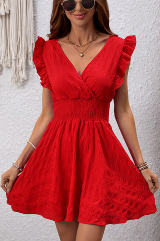 Solid Color V Neck Ruffle Sleeve Mini Dress