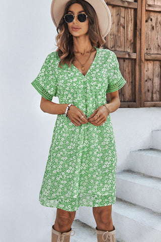 Floral Print V Neck Ruffled Casual Dress